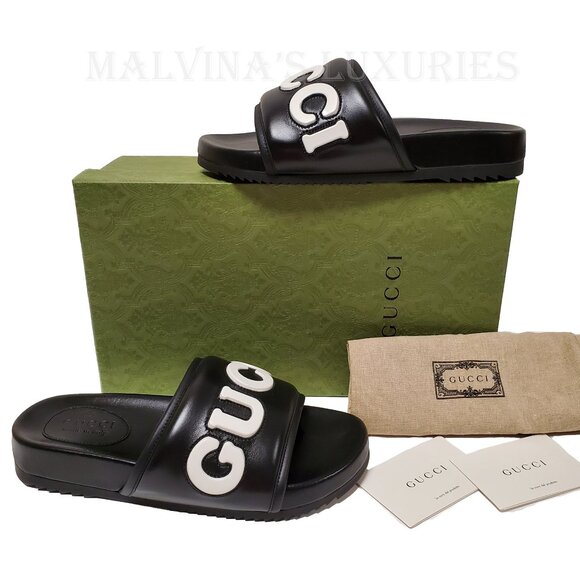 GUCCI SHOES MENS BLACK LEATHER JUMBO LOGO SLIDES FLATS SANDAL sz 8 / 8.5 US - Picture 2 of 15